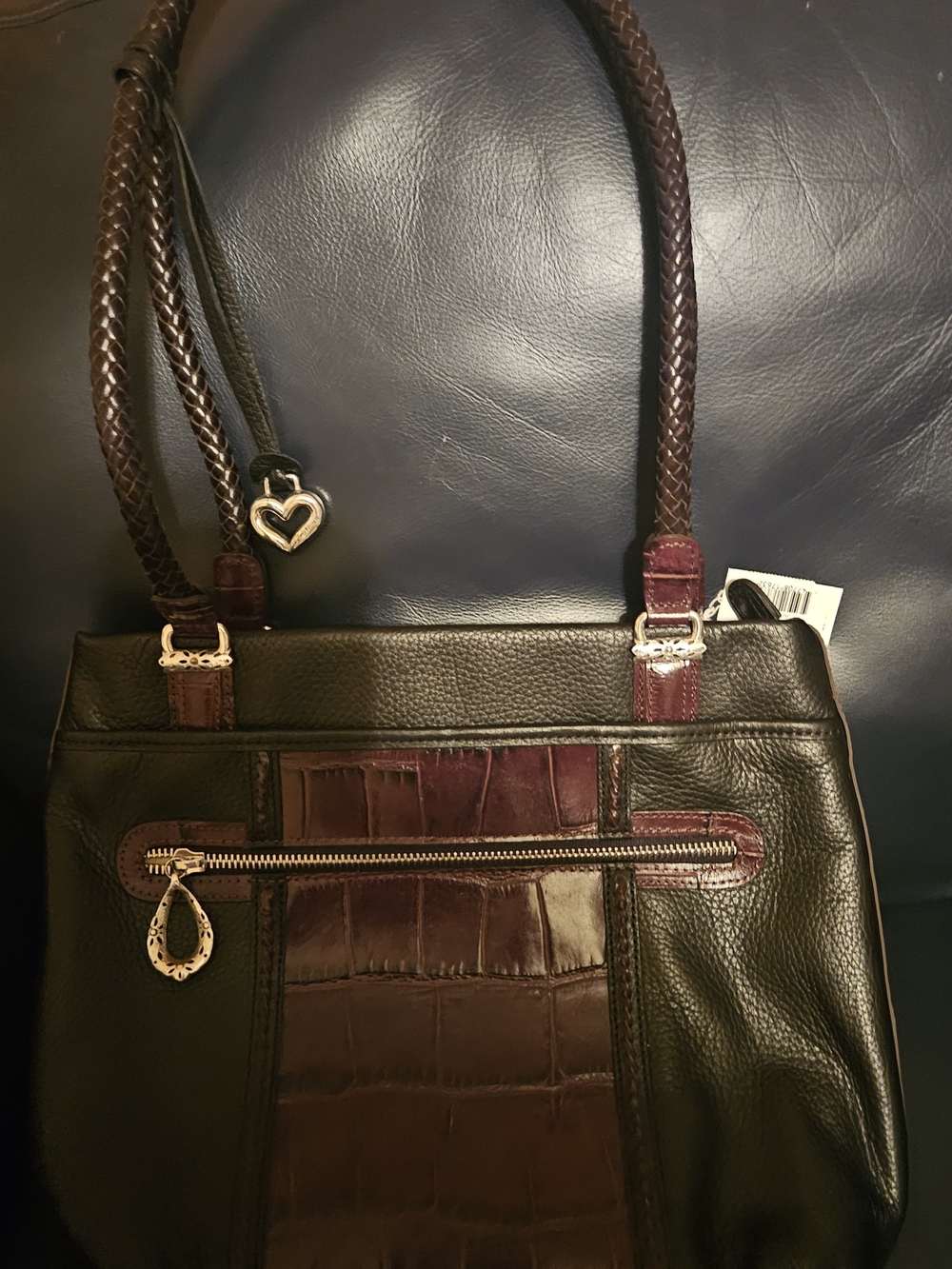 Brighton Black and Dark Brown Croc-Panel Shoulder Bag